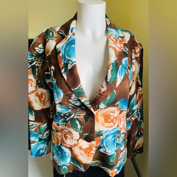 Zara Floral Short Blazer bright Orange & Blue Roses Pattern double collar US 10 - Picture 1 of 10